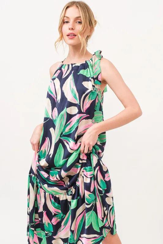 And The Why Botanical Printed Halterneck Tiered Maxi Dress