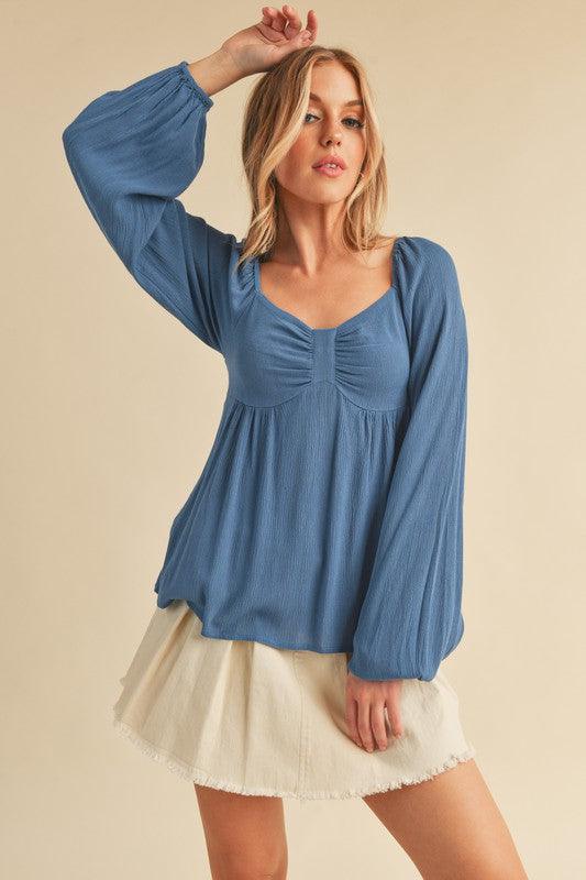 Aemi + Co Ruched Sweetheart Neck Balloon Sleeve Blouse