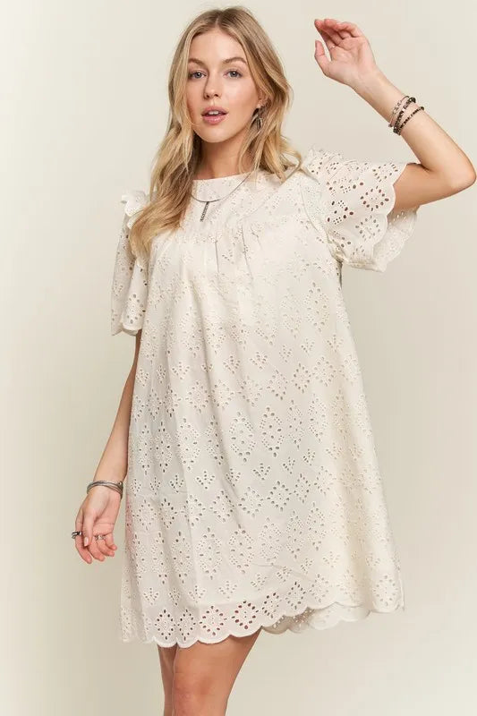 ADORA Ruffled Eyelet Round Neck Dress
