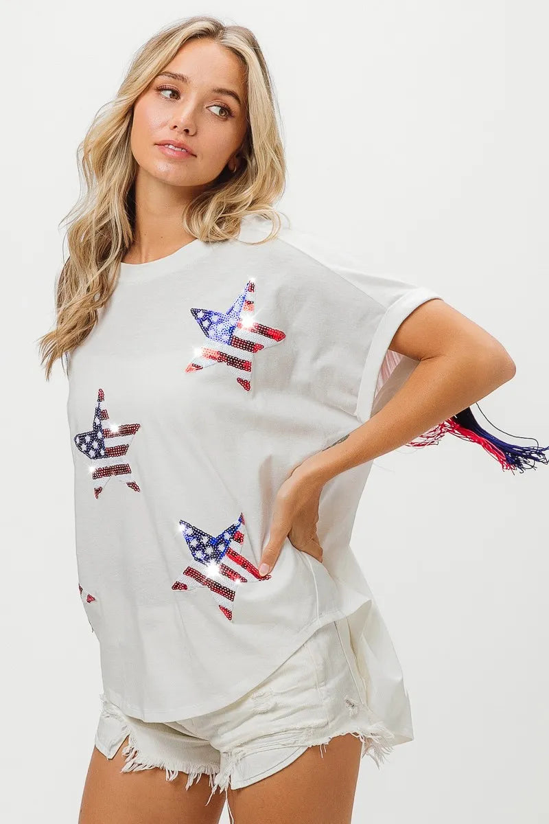 American Flag Sequin Star Fringe Top