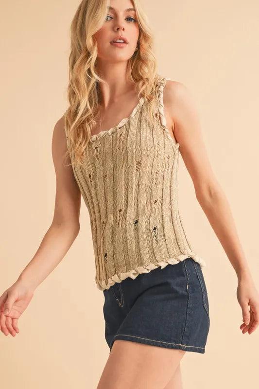 Aemi+Co Distressed Detail Round Neck Knit Tank