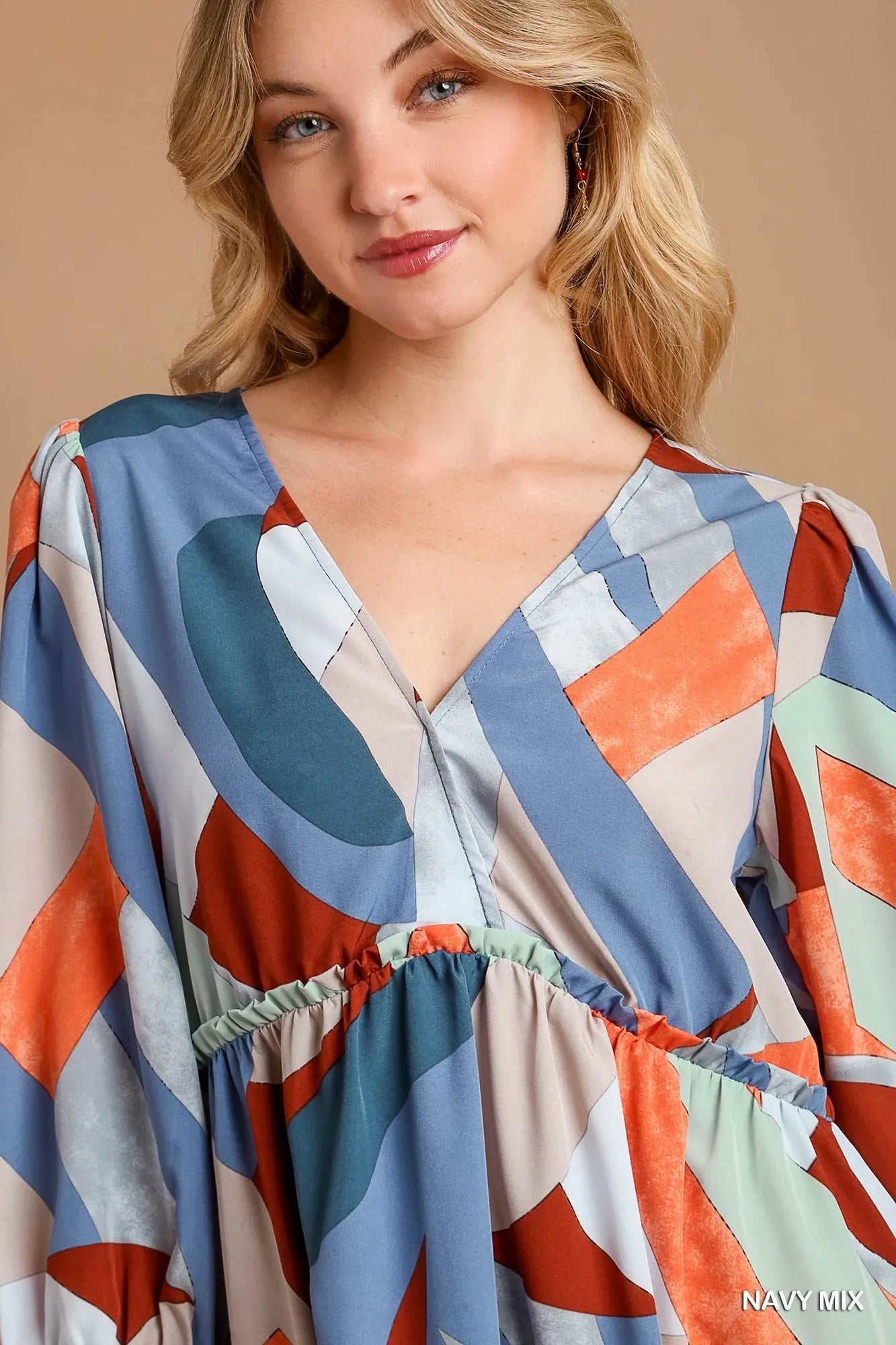 Abstract V-Neck Tiered Printed Dress