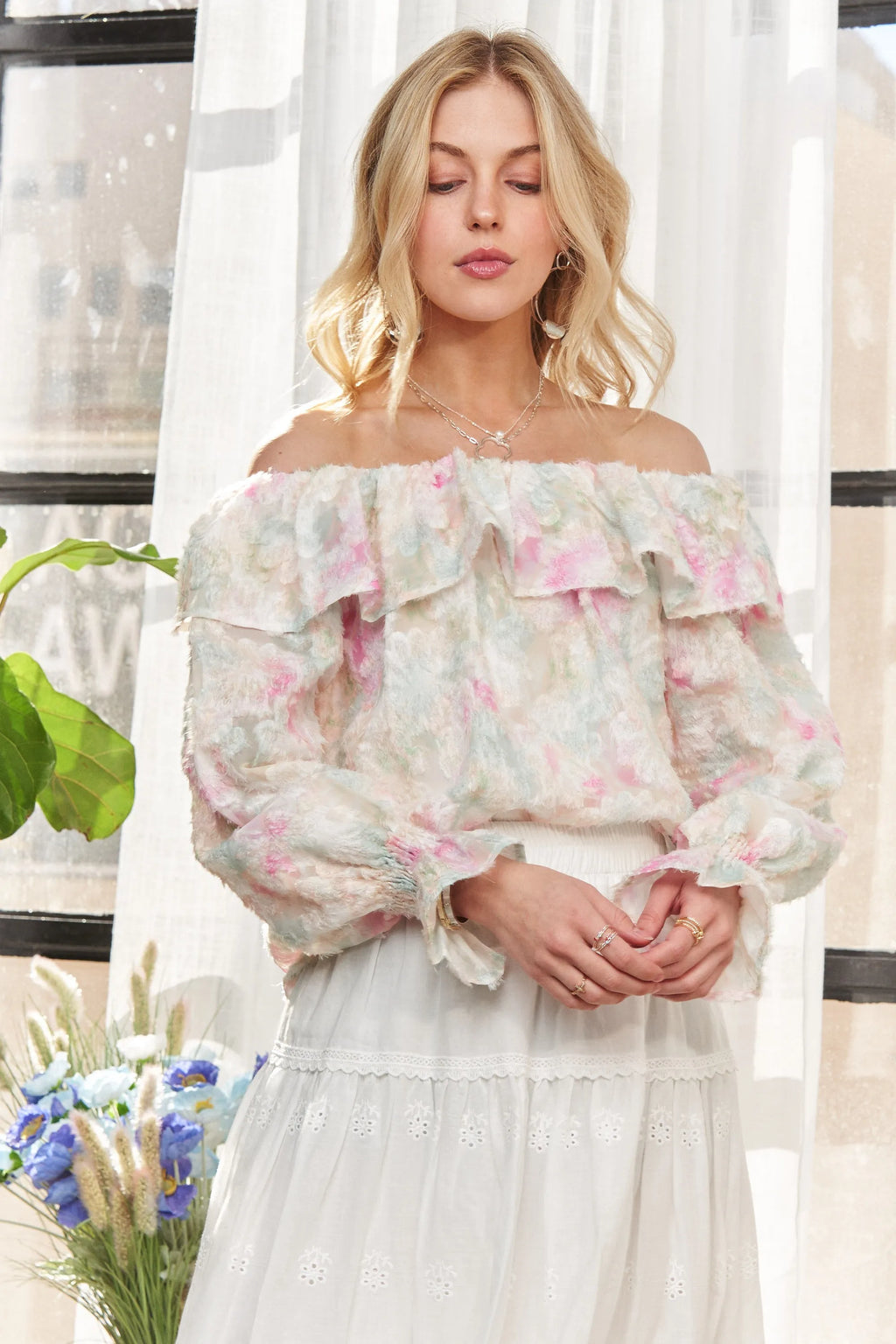 ADORA Ruffled Off Shoulder Floral Blouse in Pink