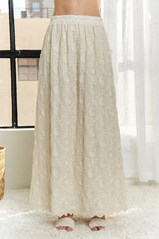 ADORA Elastic Waist Applique Maxi Skirt in Beige