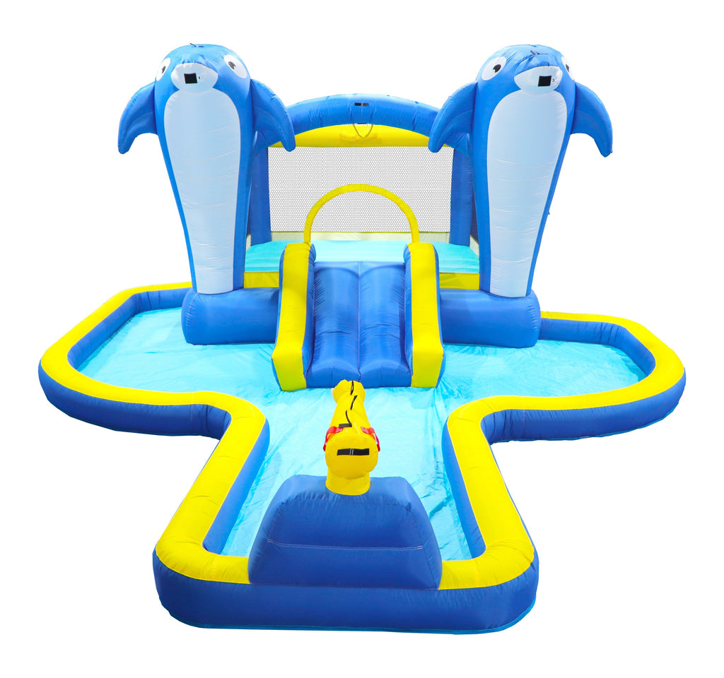 8 in1 Inflatable slide water park trampoline bouncing house outdoor garden with  Dolphin sprinkler & Target games & Water gun & Basketball