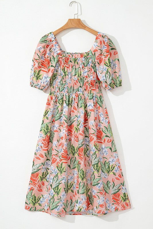 Apricot Pink Floral Knot Front Smocked Bubble Slee