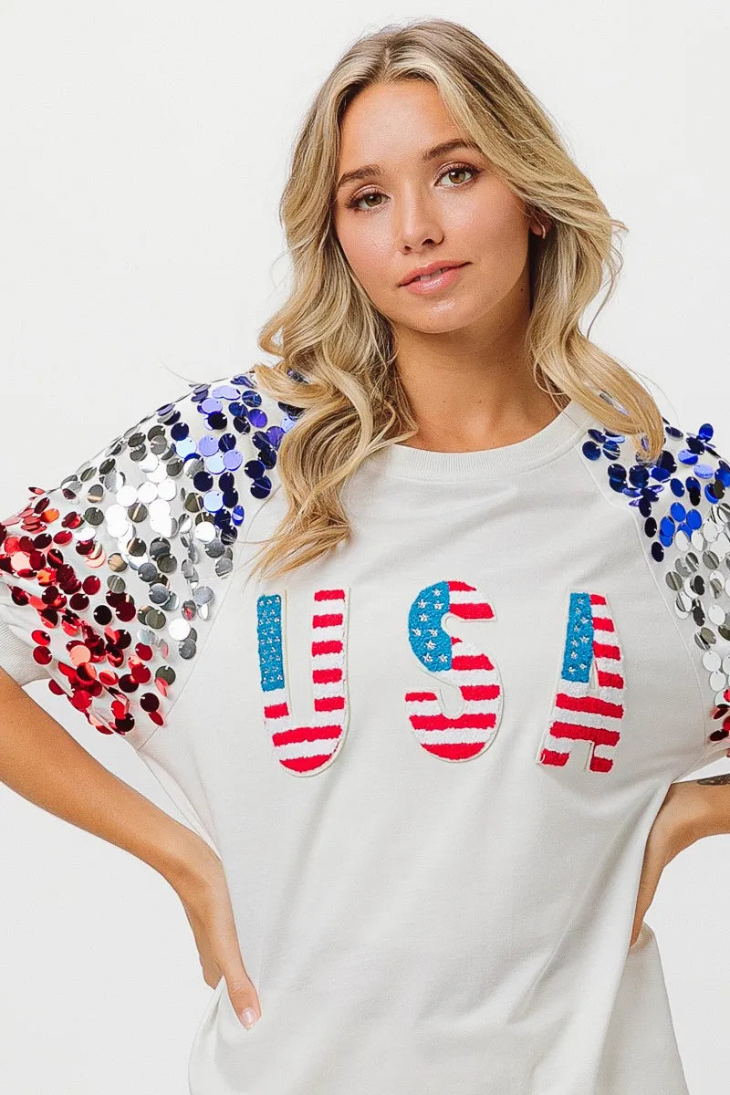 American Flag Theme Sequin Top