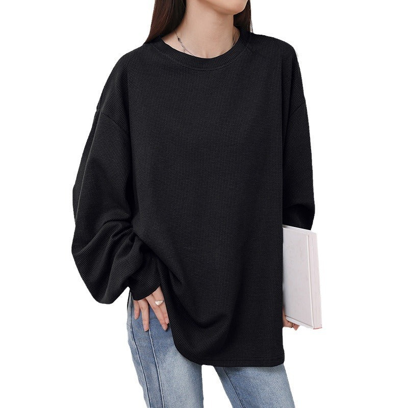 Autumn Waffle Women's T-shirt Round Neck Solid Color