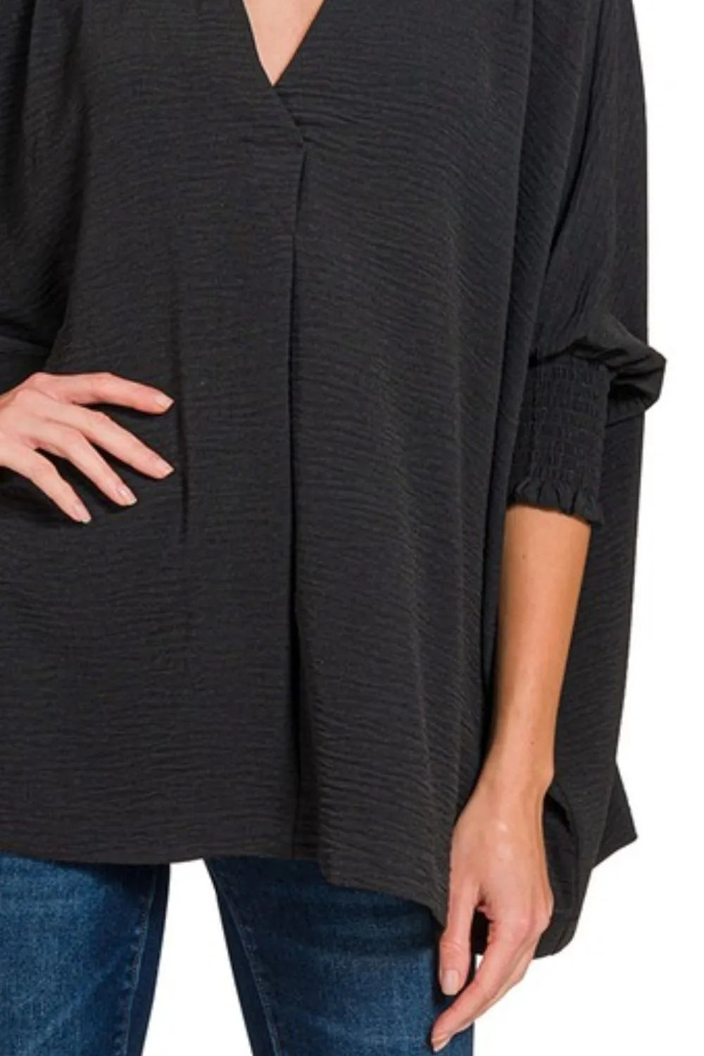 Airflow Collar Tee with Smocked Sleeve Band Top