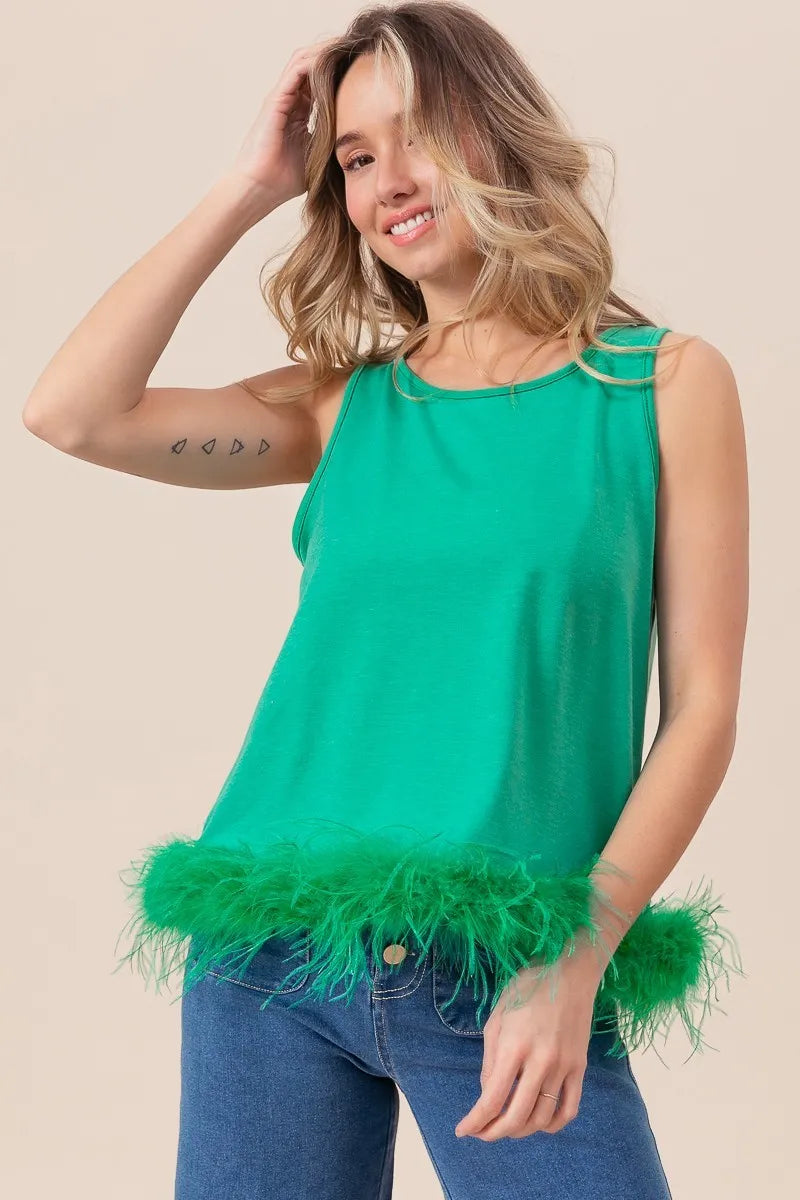BiBi French Terry Faux Feather Bottom Back Tied Top