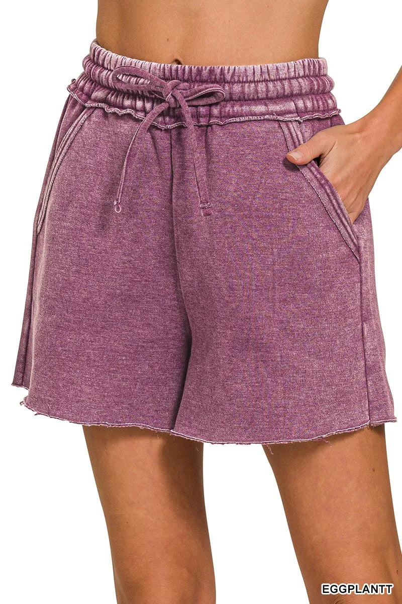 Acid Wash Fleece Drawstring Shorts With Pockets