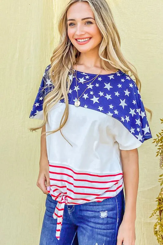 And The Why American Flag Print Tie Knot Front Casual Top