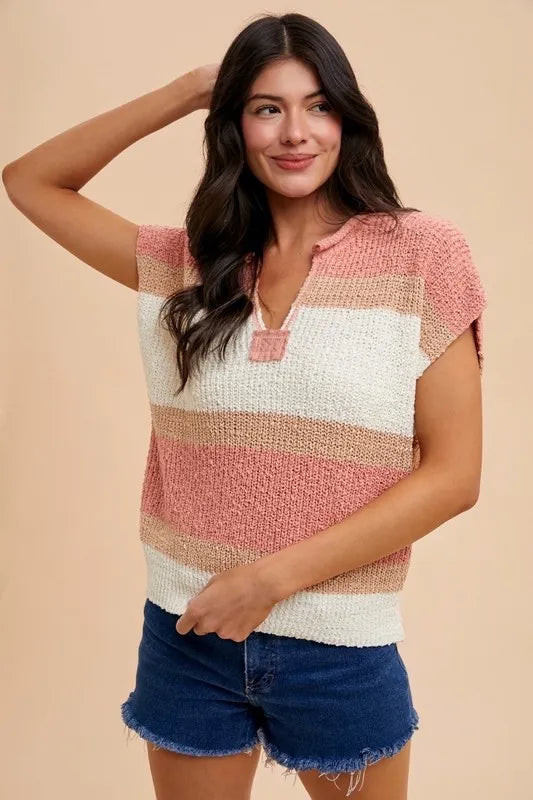 Annie Wear Low Gauge Color Block Textured Sweater Top