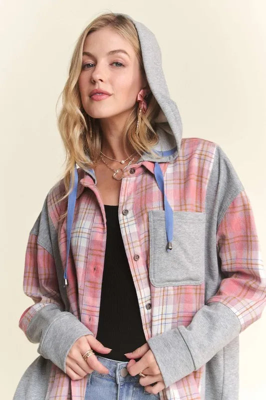 ADORA Button Down Plaid Hoodie Shacket