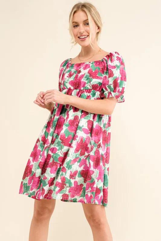 And The Why Smocked Floral Ruffle Short Sleeve Mini Dress