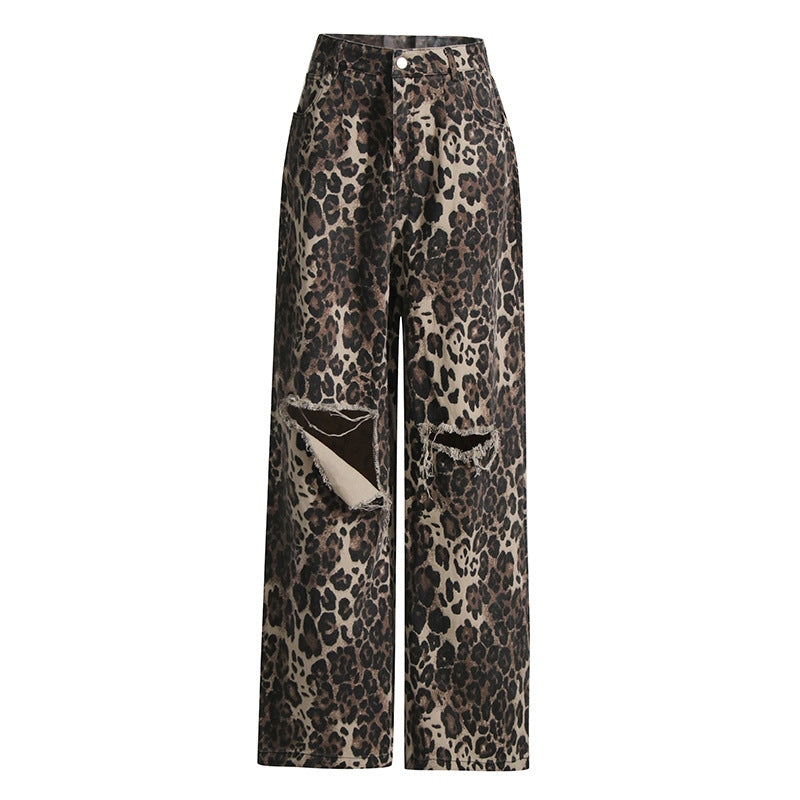 American Vintage Leopard Print Printed High Waist Slimming Straight Pants