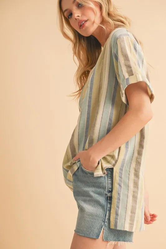 Aemi+Co Side Slit Striped Short Sleeve Blouse