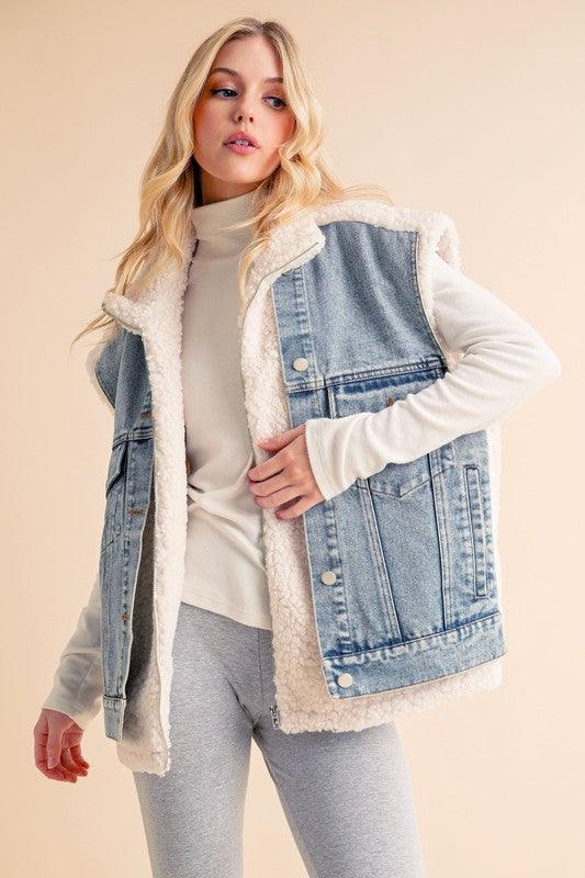Aemi + Co 2-Piece Faux Denim Patch Sherpa Vest Coat
