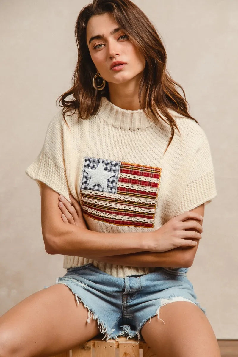 American Flag Patchwork Drop Shoulder Sweater