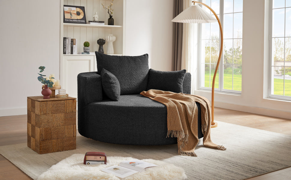 360° Swivel Accent Barrel Chair with Removable Pillows, Black Chenille, 56.3x56.3x36.5 inches