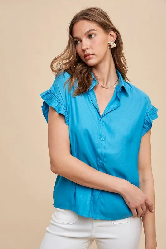 Annie Wear Relaxed Fit Ruffle Sleeve Woven Blouse Top