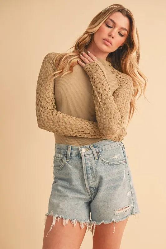 Aemi+Co Mock Neck Ribbed Knit Top with Crochet Sleeve