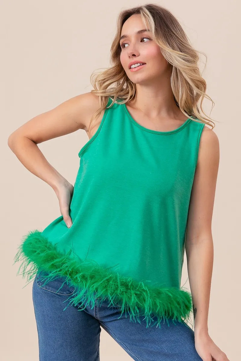 BiBi French Terry Faux Feather Bottom Back Tied Top