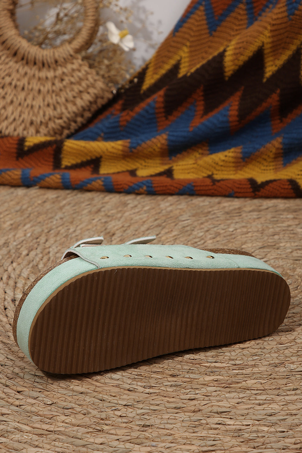 Beige Suede Buckle Decor Corky Platform Sandals