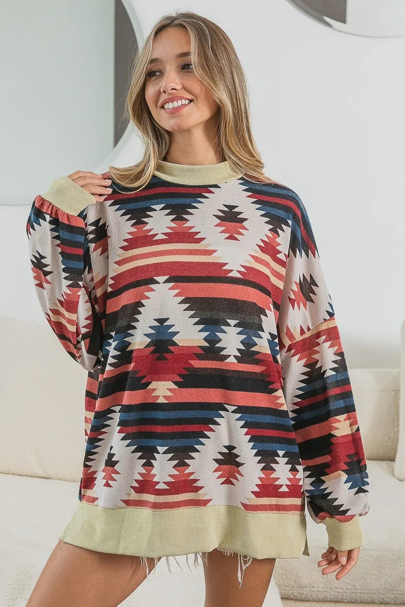 Aztec Print Mirr Mock Neck Lslv Top