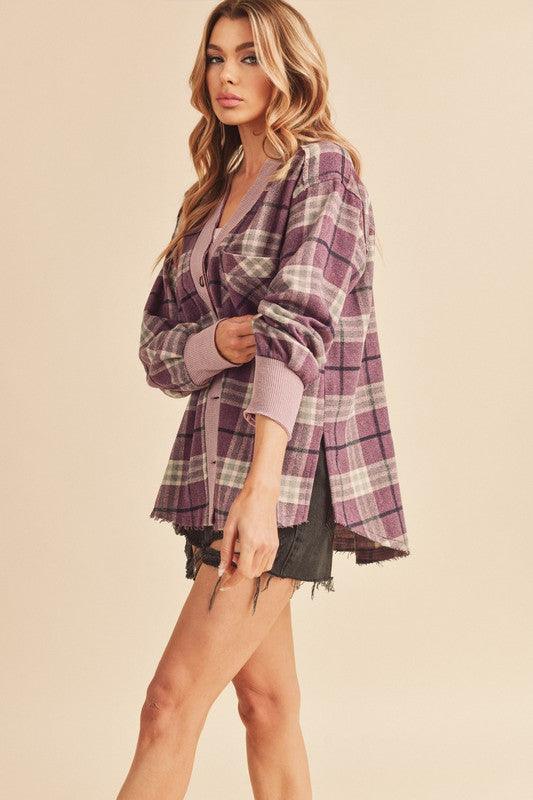 Aemi + Co Side Slit Patch Pocket Plaid Button Down Jacket