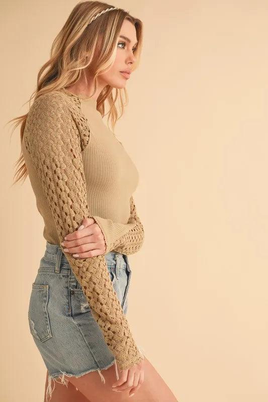 Aemi+Co Mock Neck Ribbed Knit Top with Crochet Sleeve