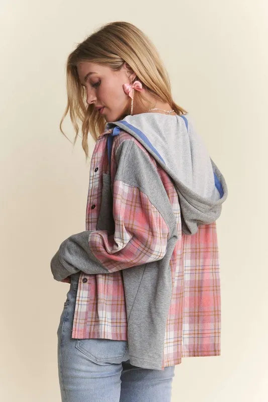 ADORA Button Down Plaid Hoodie Shacket