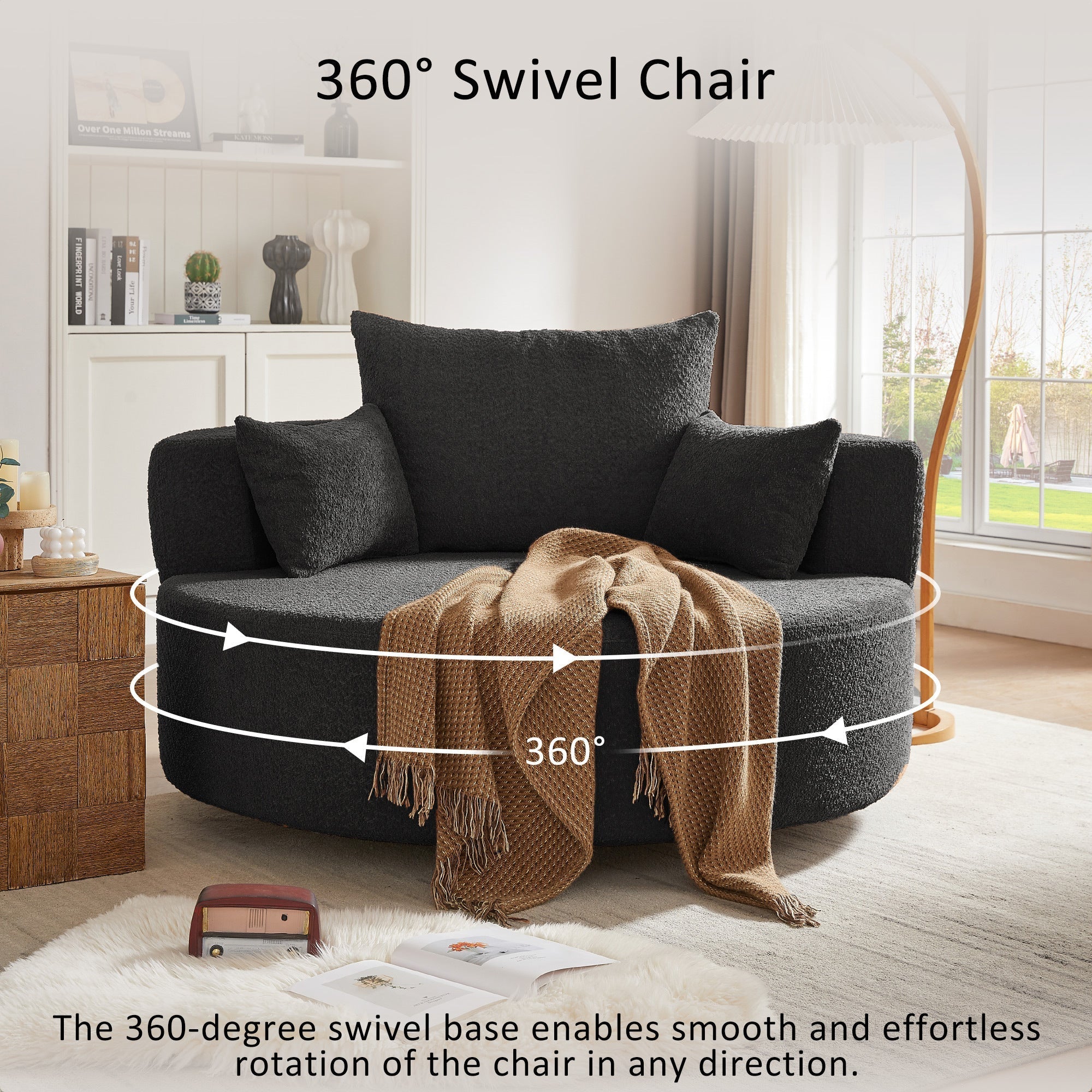 360° Swivel Accent Barrel Chair with Removable Pillows, Black Chenille, 56.3x56.3x36.5 inches