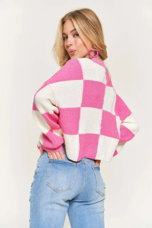 ADORA Plus Size Comfy Checkered Colorblock Sweater Top