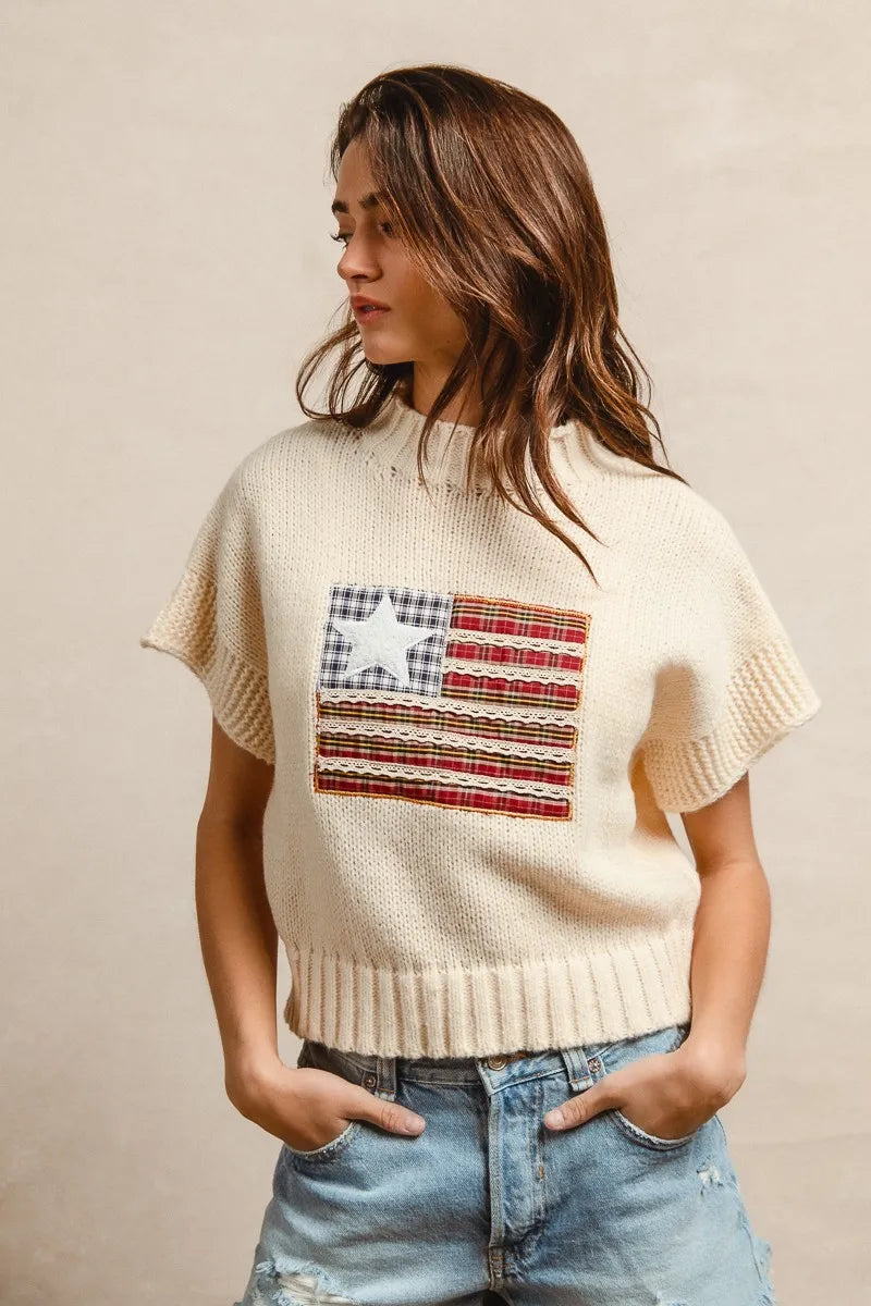 American Flag Patchwork Drop Shoulder Sweater