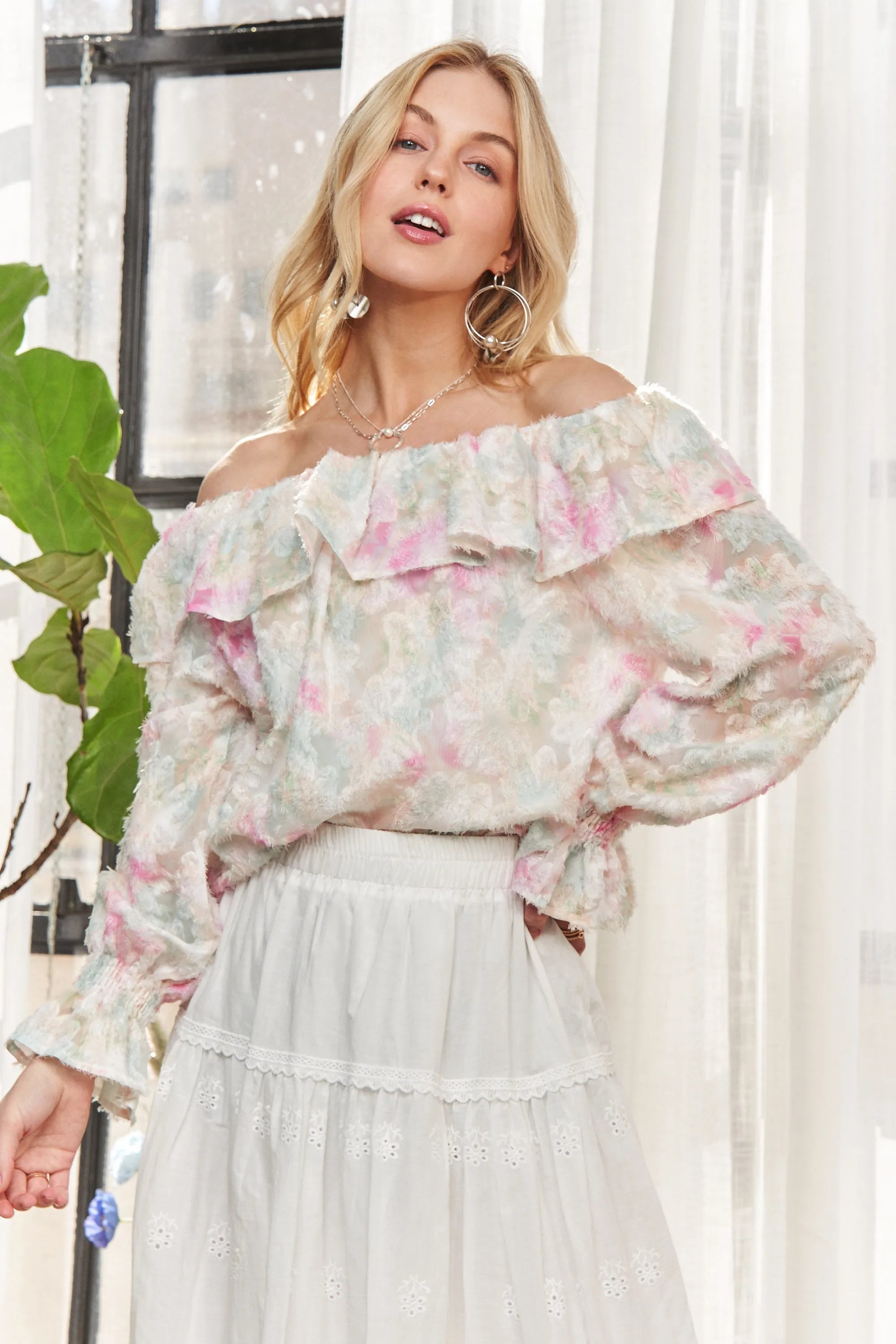 ADORA Ruffled Off Shoulder Floral Blouse in Pink