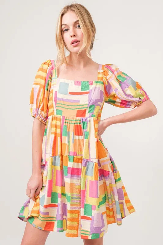 And The Why Square Neck Puff Sleeve Geo Printed Mini Dress