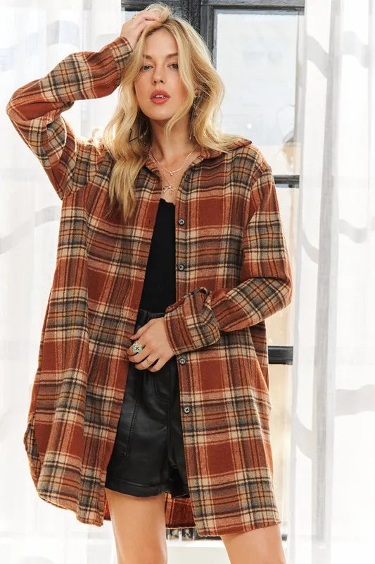 ADORA Full Size Button Down Flannel Shacket Plus Size in Rust