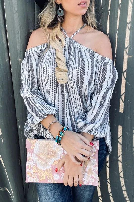 And The Why Stripe Printed Cold Shoulder Halter Neck Top
