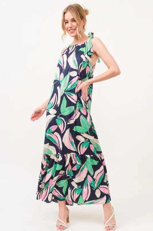 And The Why Botanical Printed Halterneck Tiered Maxi Dress