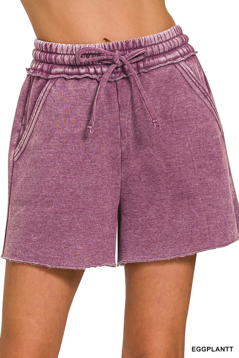 Acid Wash Fleece Drawstring Shorts With Pockets
