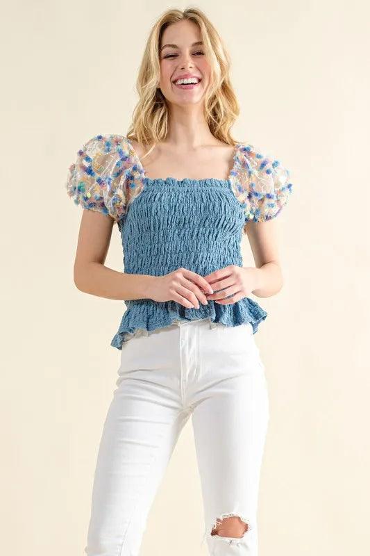 And The Why Embellishment Sleeve Smocked Top