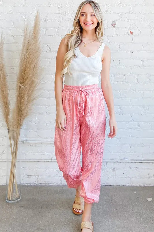 And The Why Satin Leopard Print Joggers in Pink