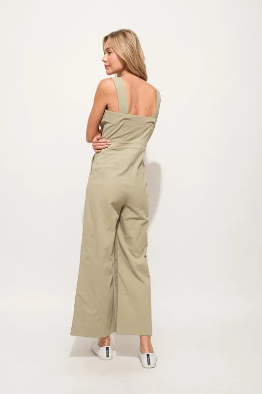 And The Why Square Neck Button Down Cropped Wide Leg Jumpsuit