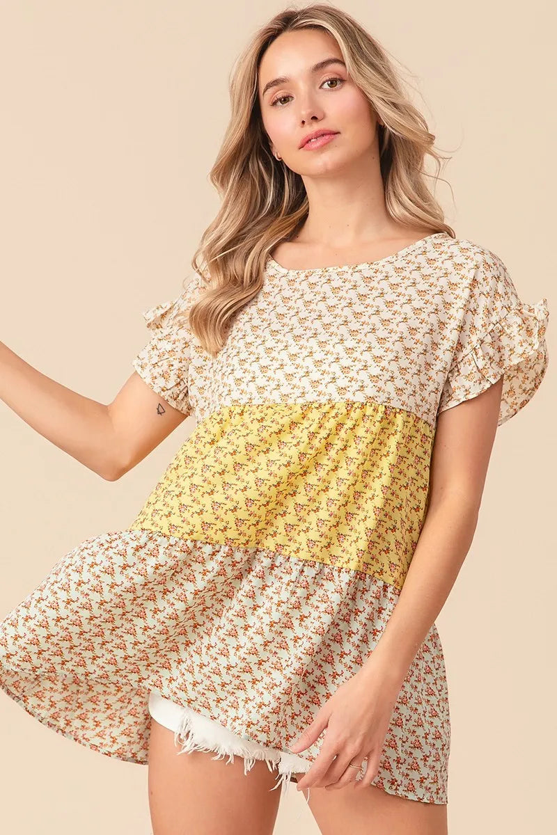 BiBi Flroal Printed Woven Color Block and Tiered Top in Yellow