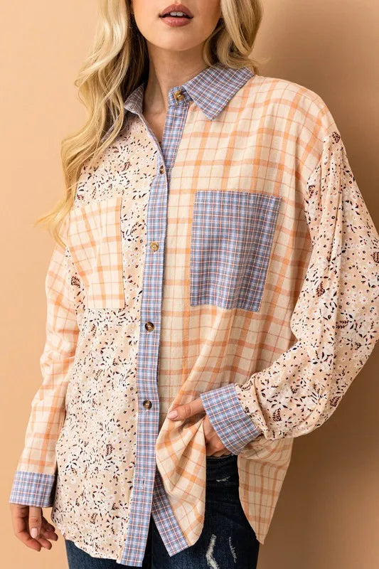 And The Why Floral and Plaid Color Block Shirts with Pocket