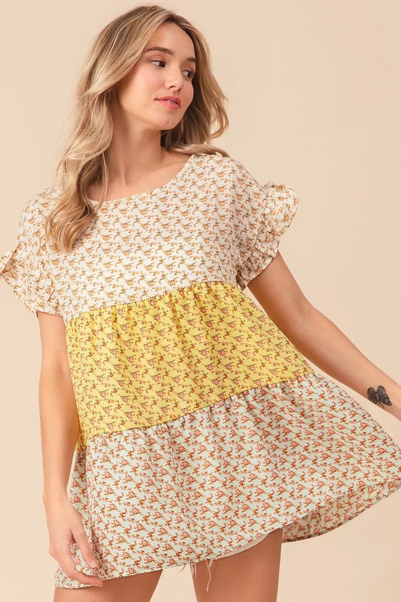 BiBi Flroal Printed Woven Color Block and Tiered Top in Yellow