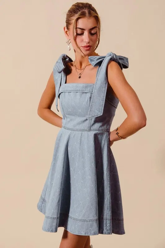 A Line Fit and Flare Diamond Bow Ribbon Denim Dres