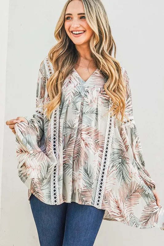 And The Why Printed with Lace Trim Casual Tunic Top