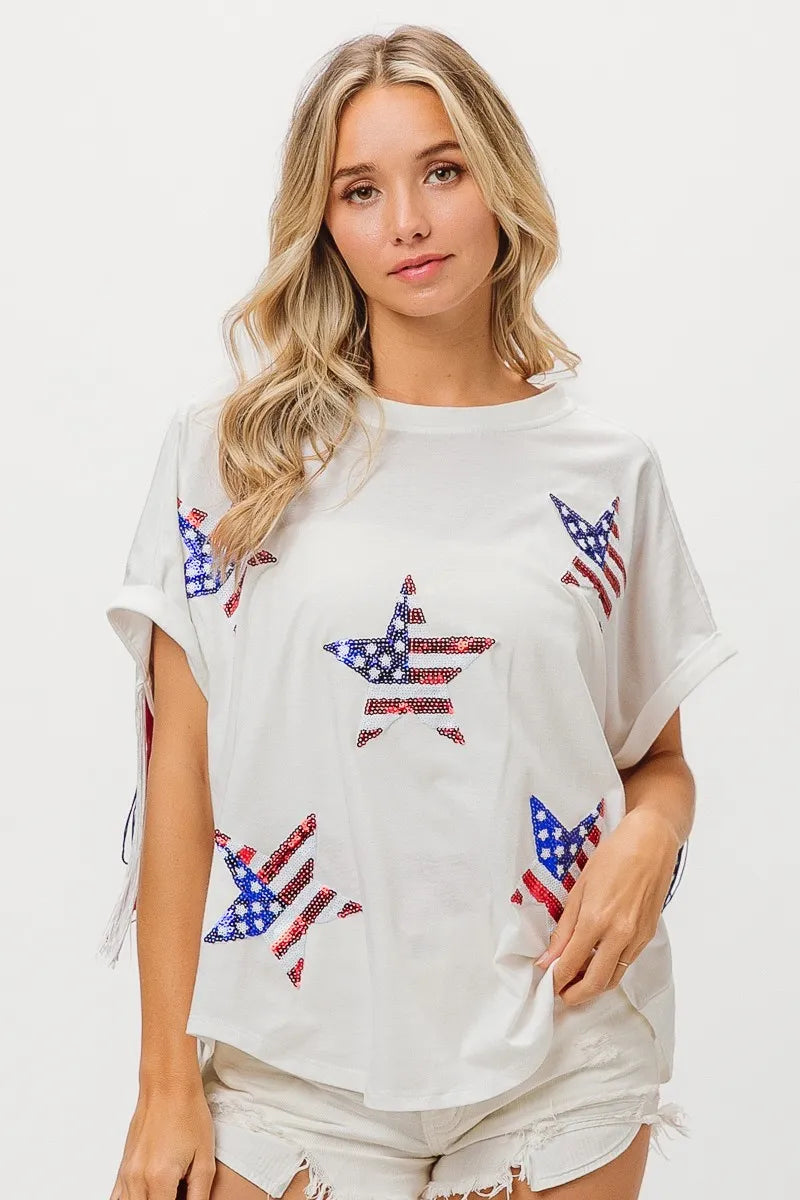 American Flag Sequin Star Fringe Top